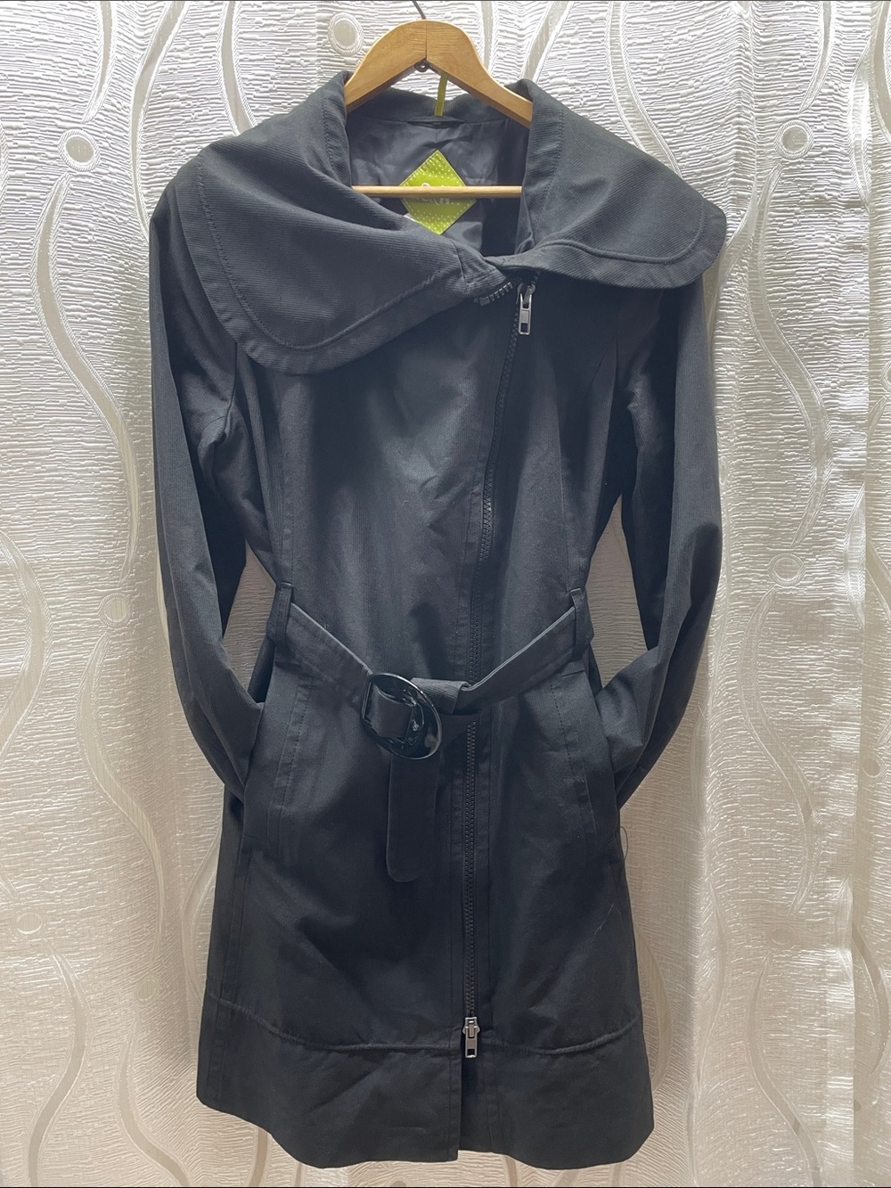 Women's Black Belted Trench Coat with Wide Collar
